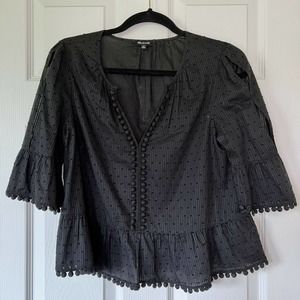 Madewell Peekaboo Swiss Dot Peekaboo Pom Pom Black Cotton Blouse Size XS